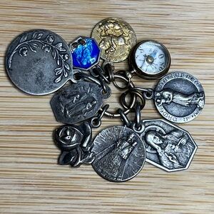 Antique French Religious Medals with Darling, Tiny Compass - Extraordinary Gift!
